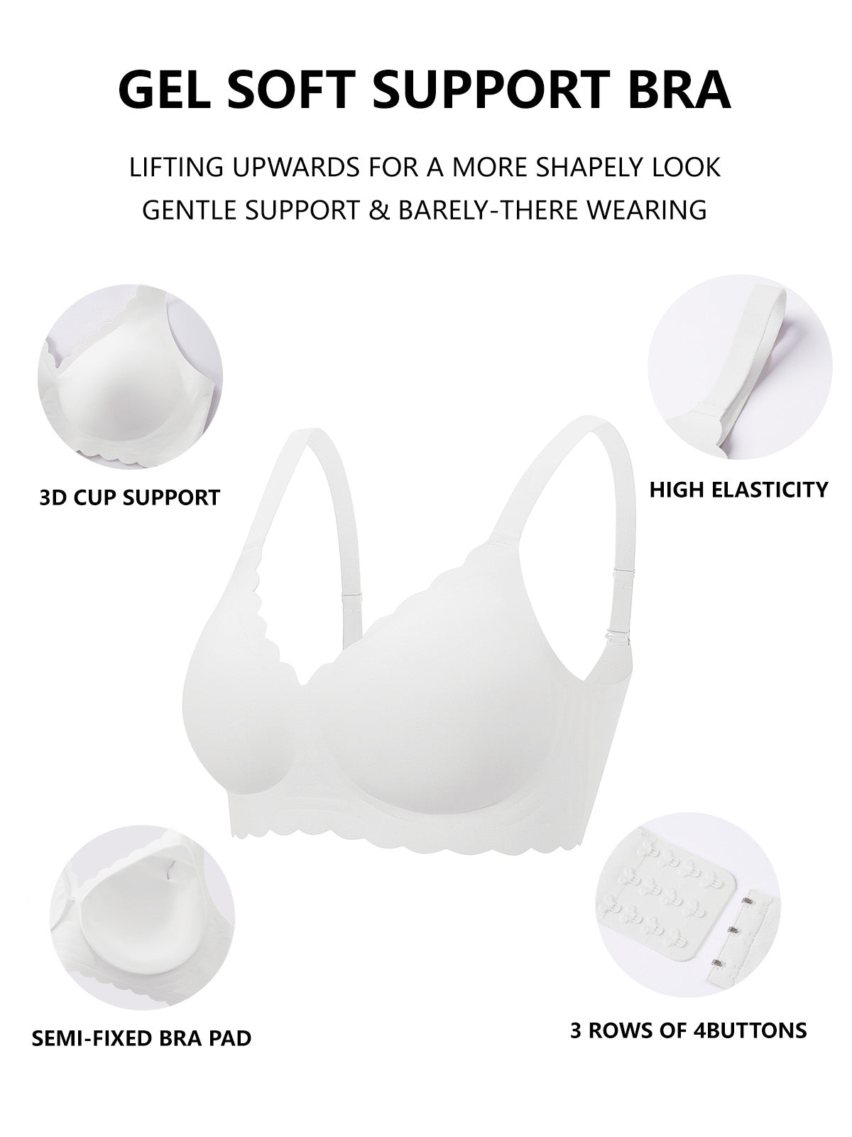 COCOMARTS Jelly Bras for Women No Underwire Scalloped Push Up Seamless Full Coverage Plunge Bralettes Wireless Tshirt Bras White