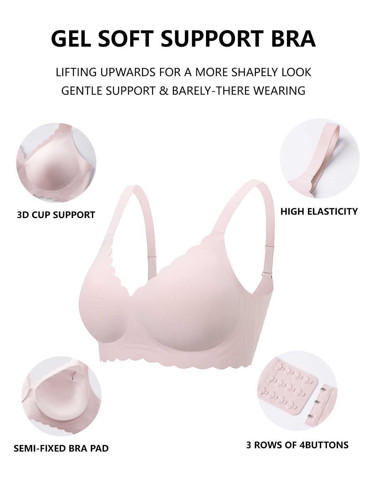 COCOMARTS Jelly Bras for Women No Underwire Scalloped Push Up Seamless Full Coverage Plunge Bralettes Wireless Tshirt Bras Pink