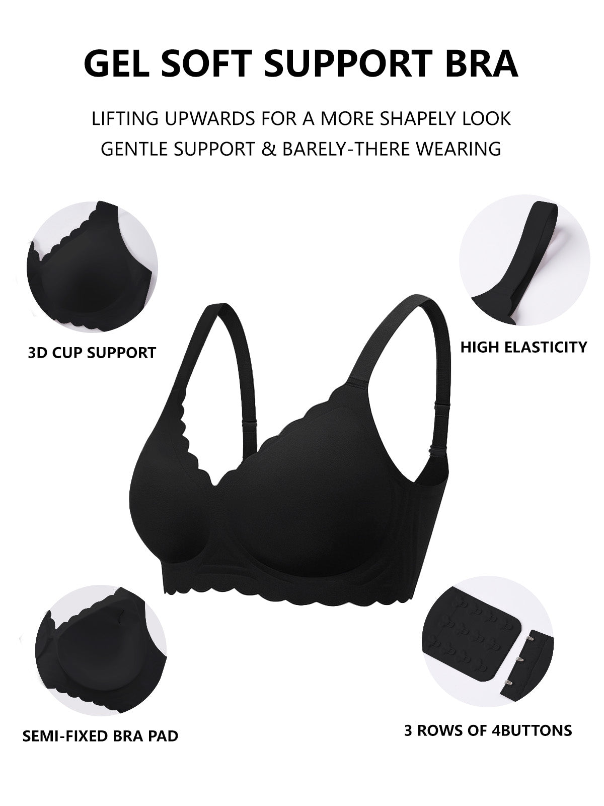 COCOMARTS Jelly Bras for Women No Underwire Scalloped Push Up Seamless Full Coverage Plunge Bralettes Wireless Tshirt Bras Black
