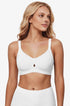 White seamless wireless plunge bra with V-neck center gore, front close-up