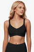 Black seamless wireless plunge bra with smooth cups and wide shoulder straps