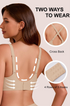 Nude wire-free deep V mesh bra with cross-back straps and adjustable hook closure