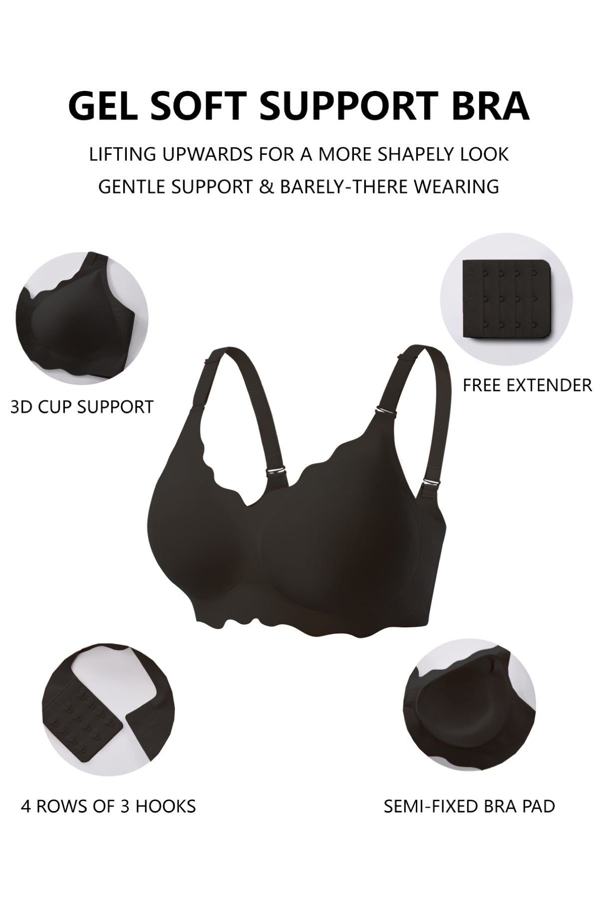 Jelly Bras for Women No Underwire Scalloped Push Up Wireless Bralettes Seamless Soft Comfort Everyday Tshirt Bra Black