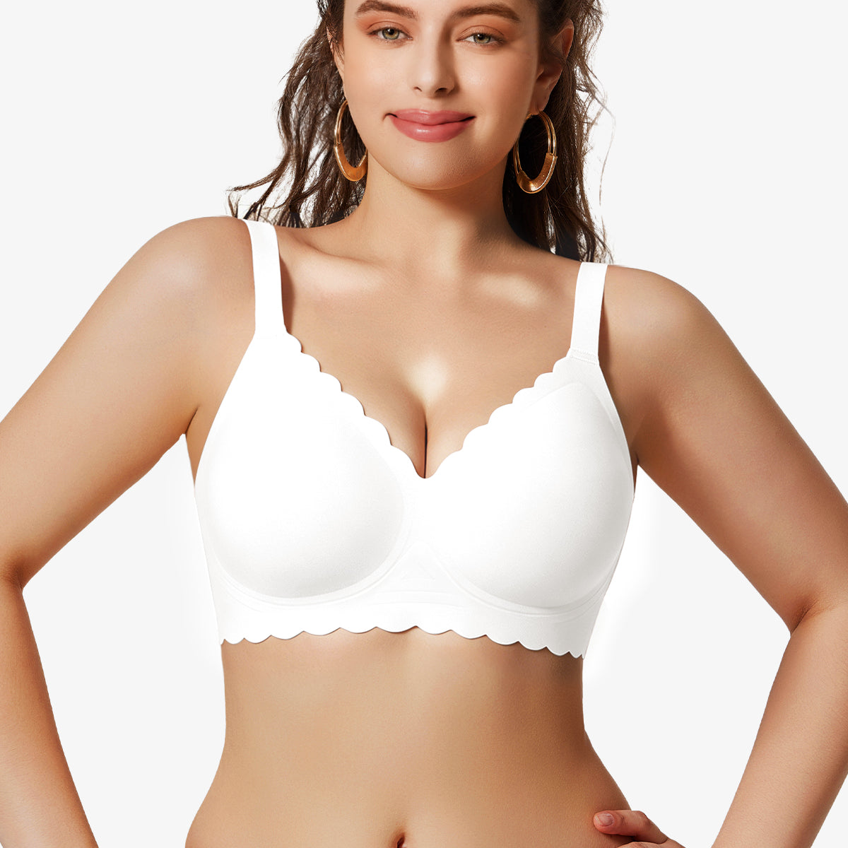 Jelly Bras for Women No Underwire Scalloped Push Up Seamless Full Coverage Plunge Bralettes Wireless Tshirt Bras White