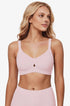 Pink seamless plunge wireless bra with V-neck cups and thin adjustable straps.