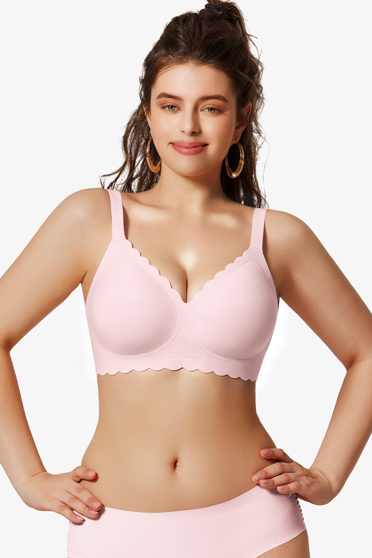Jelly Bras for Women No Underwire Scalloped Push Up Seamless Full Coverage Plunge Bralettes Wireless Tshirt Bras Pink
