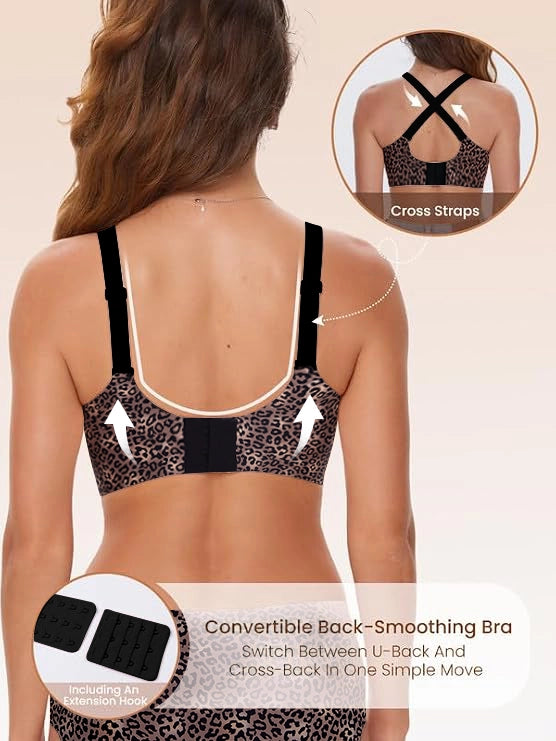 Back view of a leopard-print bralette with adjustable convertible straps