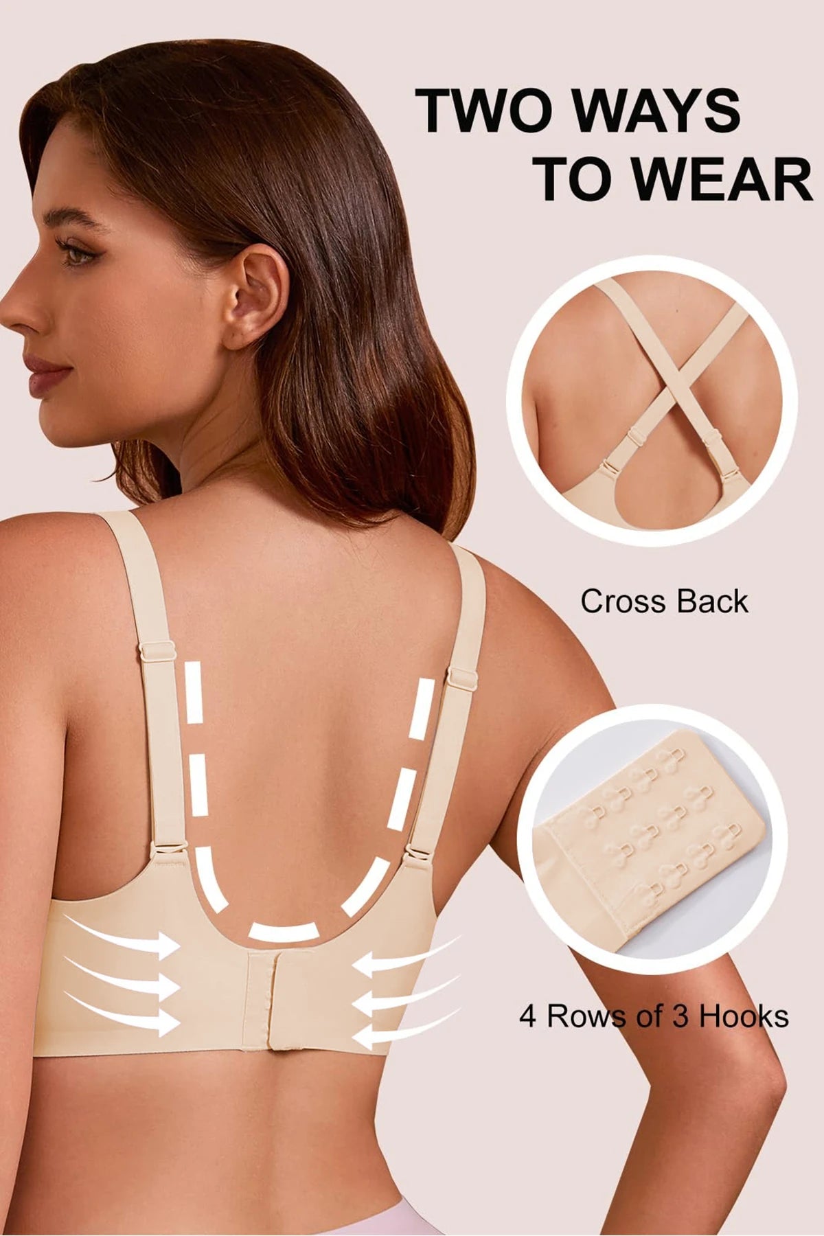 Wireless bra with adjustable straps, a wide smoothing back, and four rows of hook closures.
