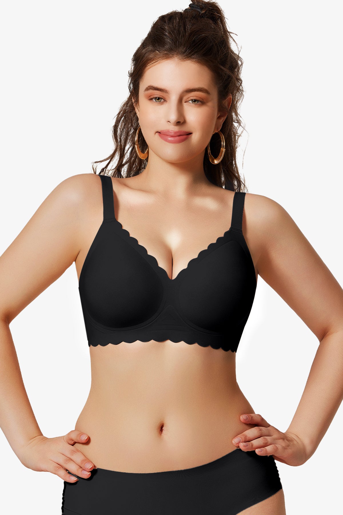 Jelly Bras for Women No Underwire Scalloped Push Up Seamless Full Coverage Plunge Bralettes Wireless Tshirt Bras Black