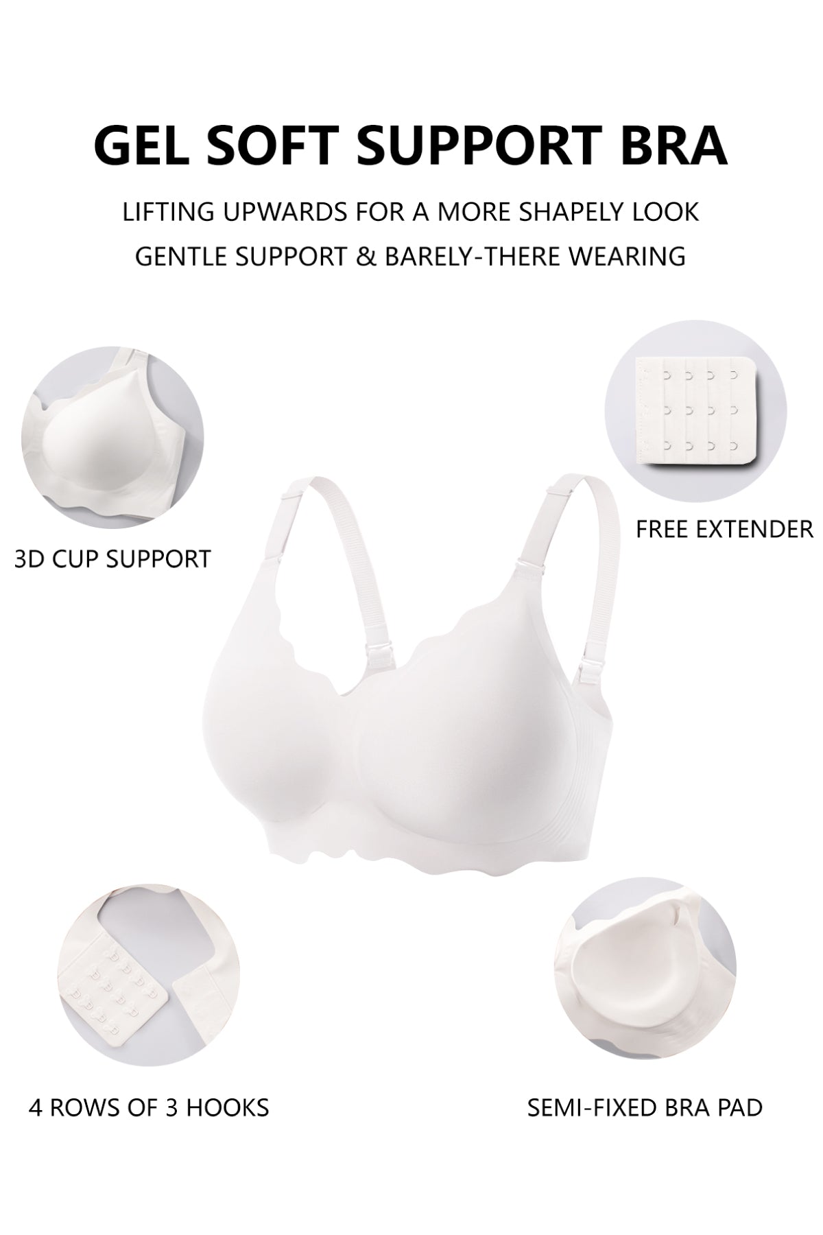 Jelly Bras for Women No Underwire Scalloped Push Up Wireless Bralettes Seamless Soft Comfort Everyday Tshirt Bra White