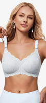 Haze blue seamless push-up bra on model, scalloped neckline and adjustable straps