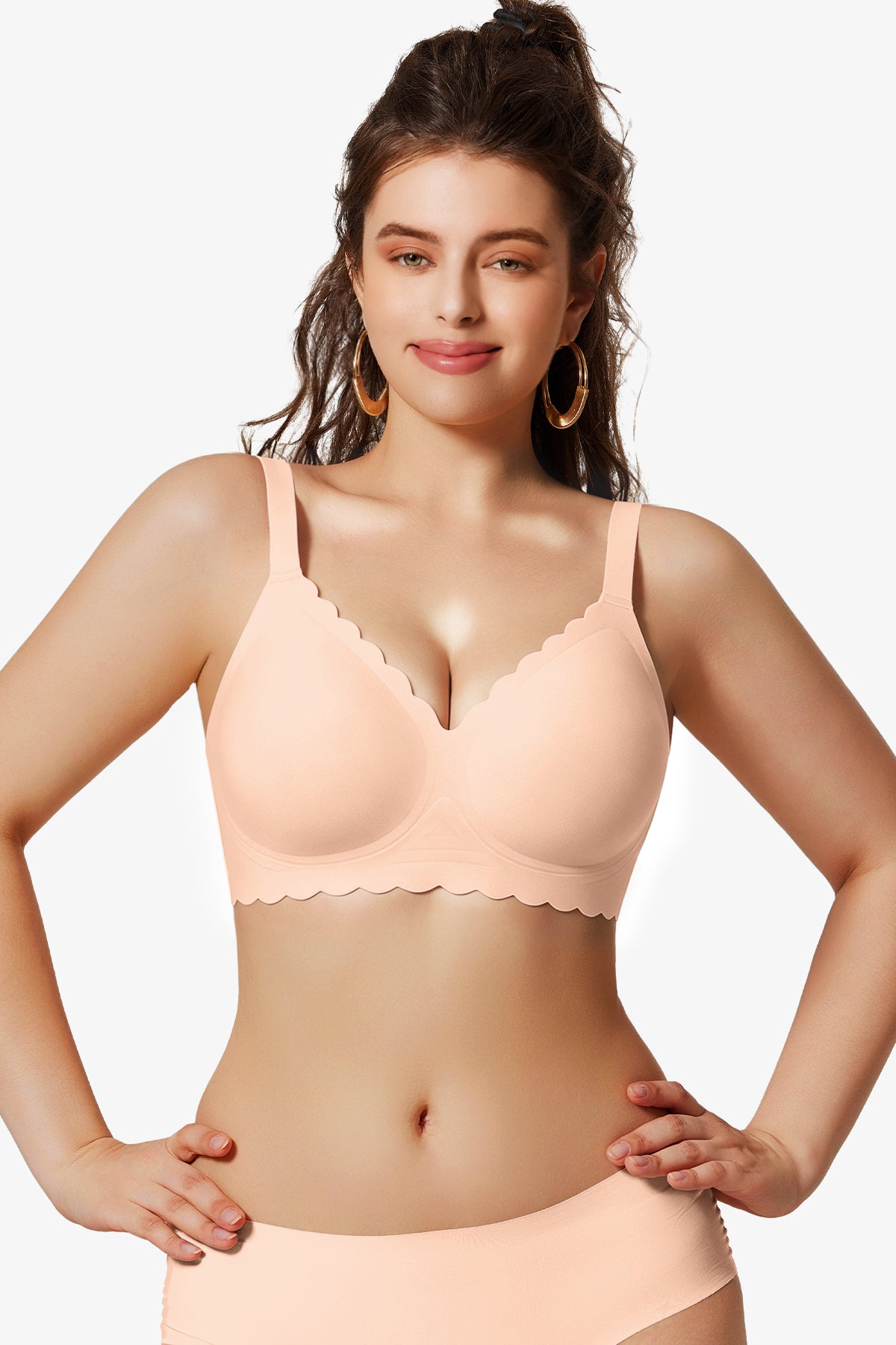 Jelly Bras for Women No Underwire Scalloped Push Up Seamless Full Coverage Plunge Bralettes Wireless Tshirt Bras Nude