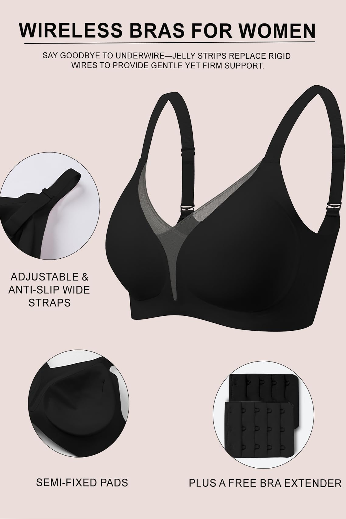 Jelly Bras for Women No Underwire Push Up Deep V Mesh Comfort T Shirt Bralette Wireless Seamless Everyday Bra Black