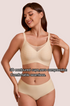 Nude seamless wireless V-neck bra with contoured cups and mesh upper panel