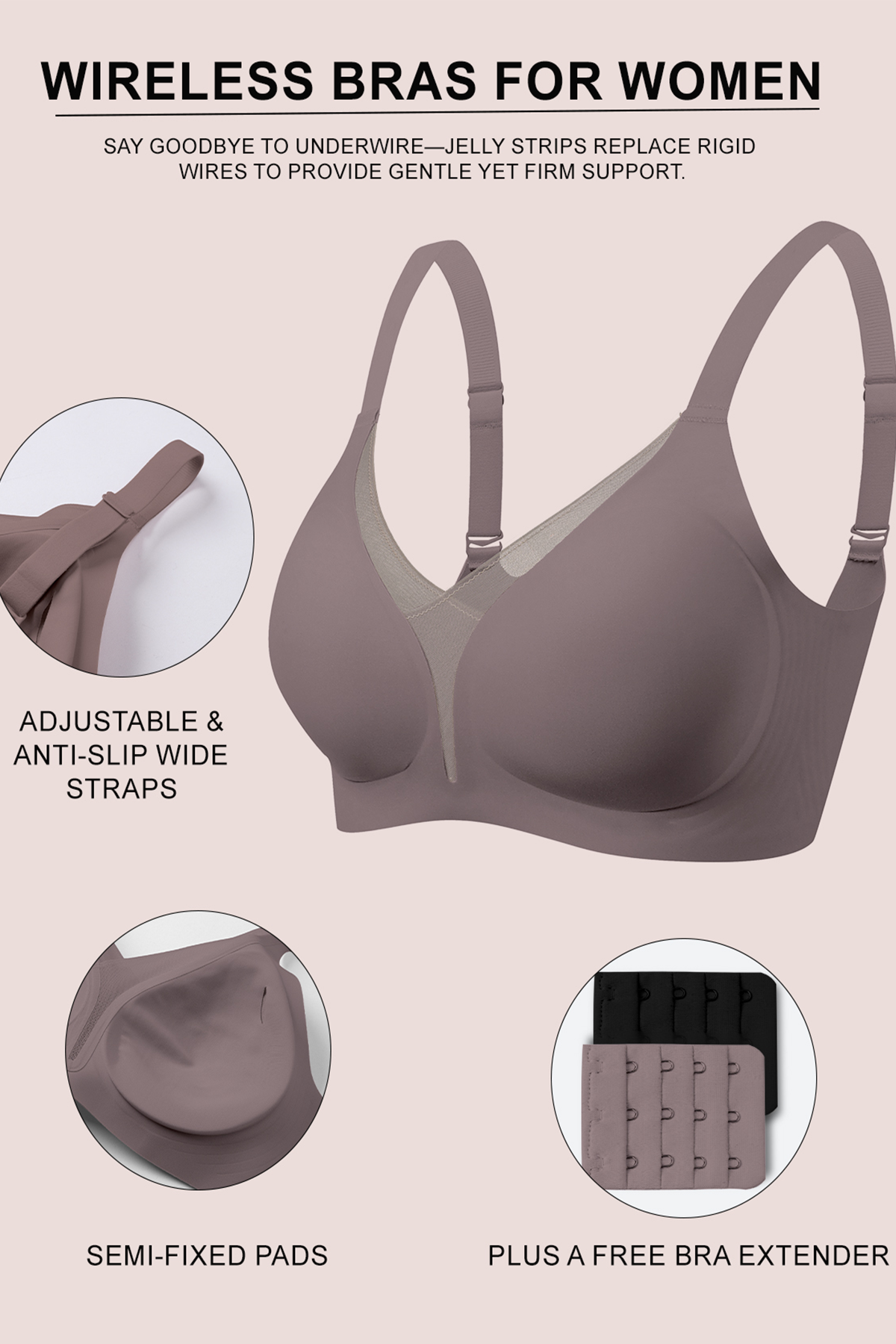 Jelly Bras for Women No Underwire Push Up Deep V Mesh Comfort T Shirt Bralette Wireless Seamless Everyday Bra Coffee