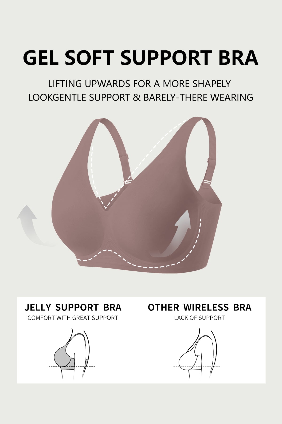 Jelly Bras for Women No Underwire Seamless Push Up Comfortable Tshirt Everyday Deep V Bra with Support and Lift Grey