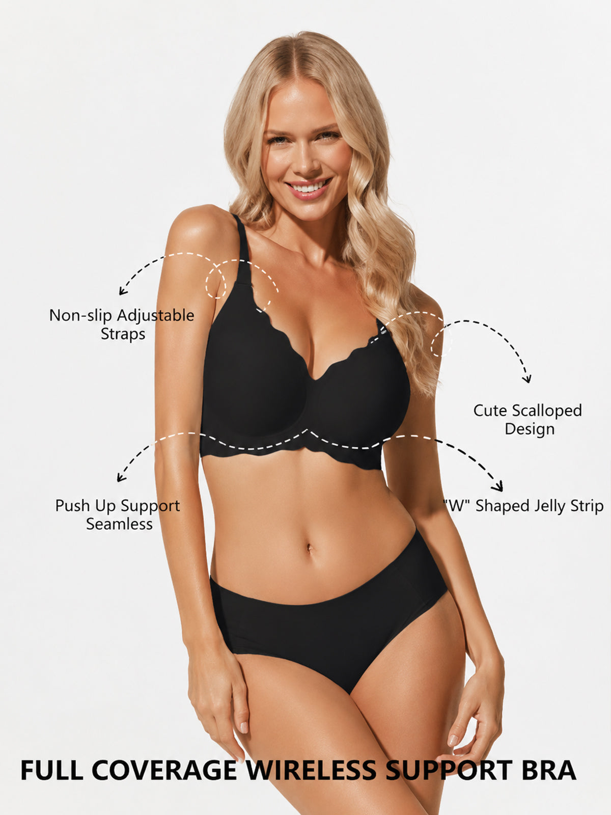 COCOMARTS Jelly Bras for Women No Underwire Wireless Seamless Soft Comfort Scalloped Bralettes Everyday Tshirt Push Up Bra Black