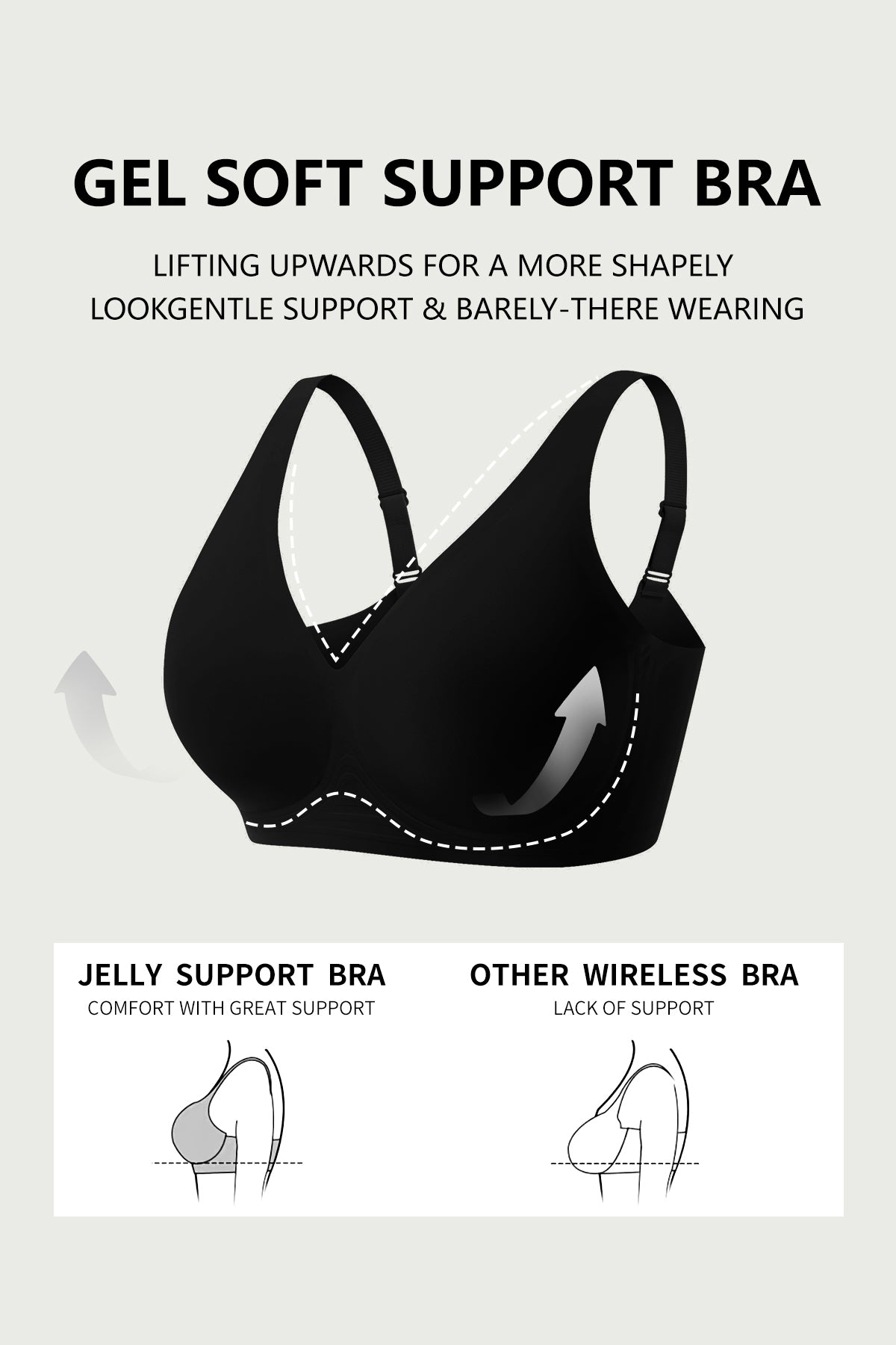 Jelly Bras for Women No Underwire Seamless Push Up Comfortable Tshirt Everyday Deep V Bra with Support and Lift Dark Black