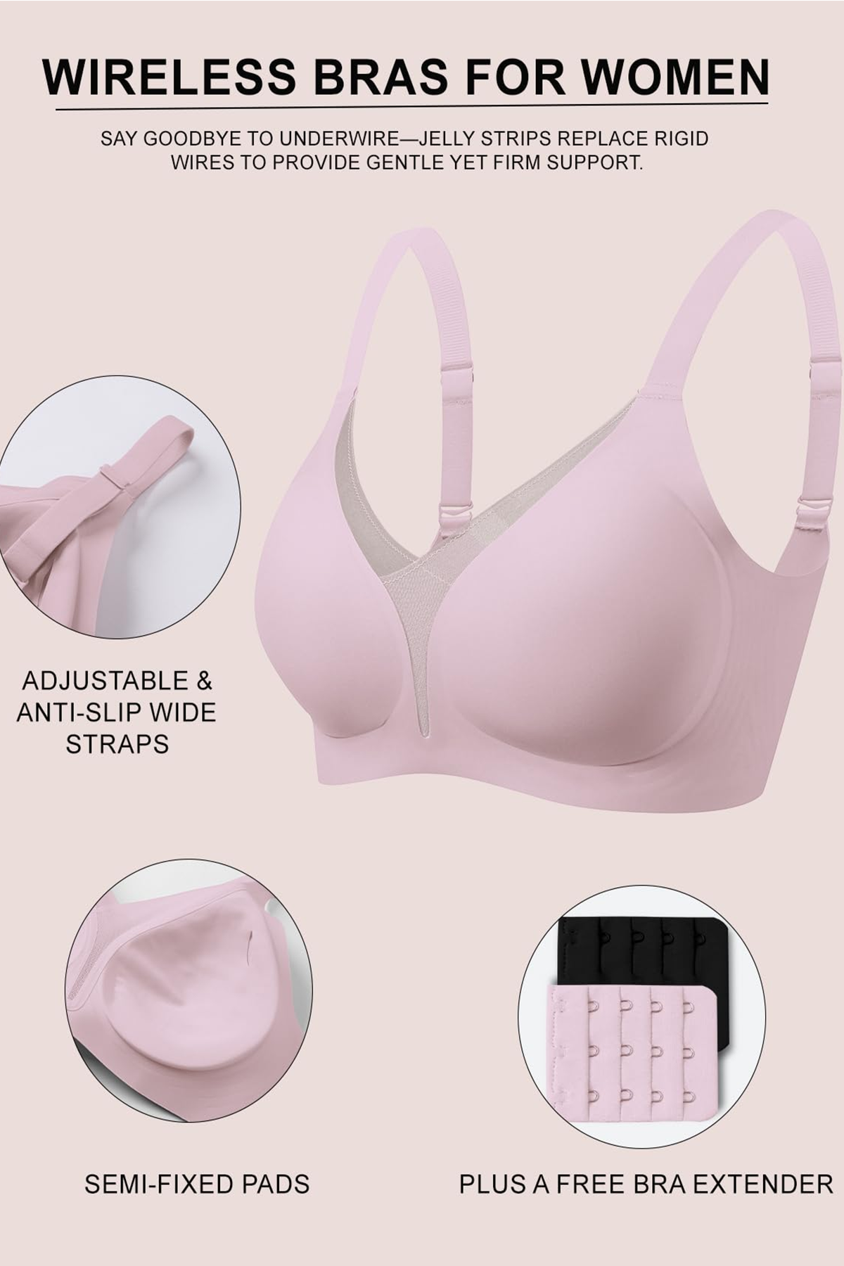 Jelly Bras for Women No Underwire Push Up Deep V Mesh Comfort T Shirt Bralette Wireless Seamless Everyday Bra Pink
