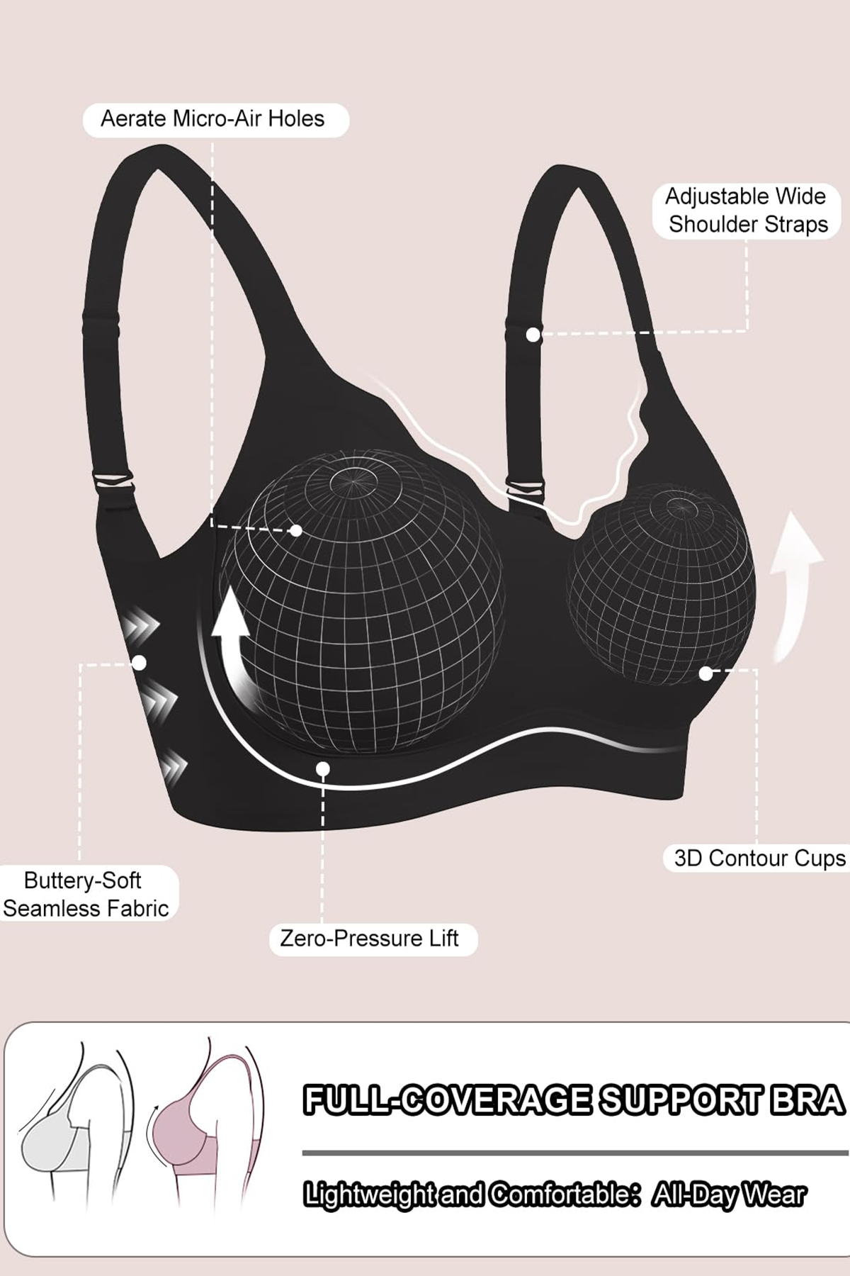Jelly Bras for Women No Underwire Seamless Push Up Scalloped Tshirt Bralettes Comfortable Wireless Everyday Bra Black