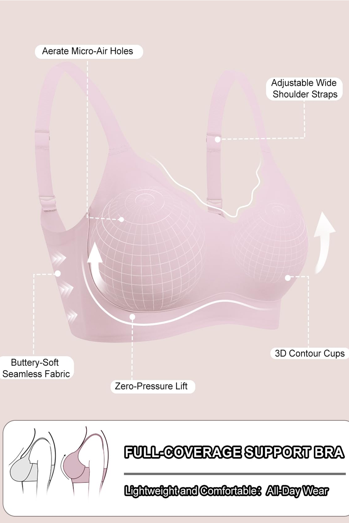 Jelly Bras for Women No Underwire Seamless Push Up Scalloped Tshirt Bralettes Comfortable Wireless Everyday Bra Pink