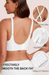 White wireless bra with cross-back straps and adjustable back closure