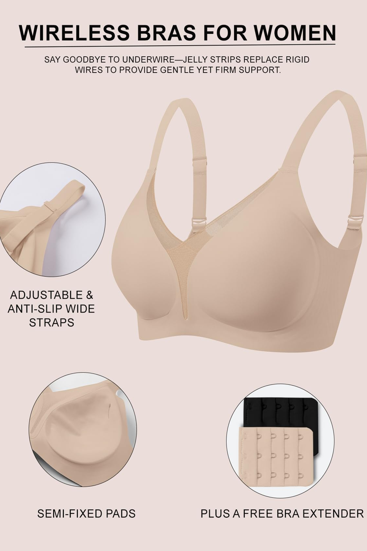 Jelly Bras for Women No Underwire Push Up Deep V Mesh Comfort T Shirt Bralette Wireless Seamless Everyday Bra Nude