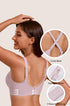 Pink wireless bra back with cross-back straps and adjustable fit, hook-and-eye closure
