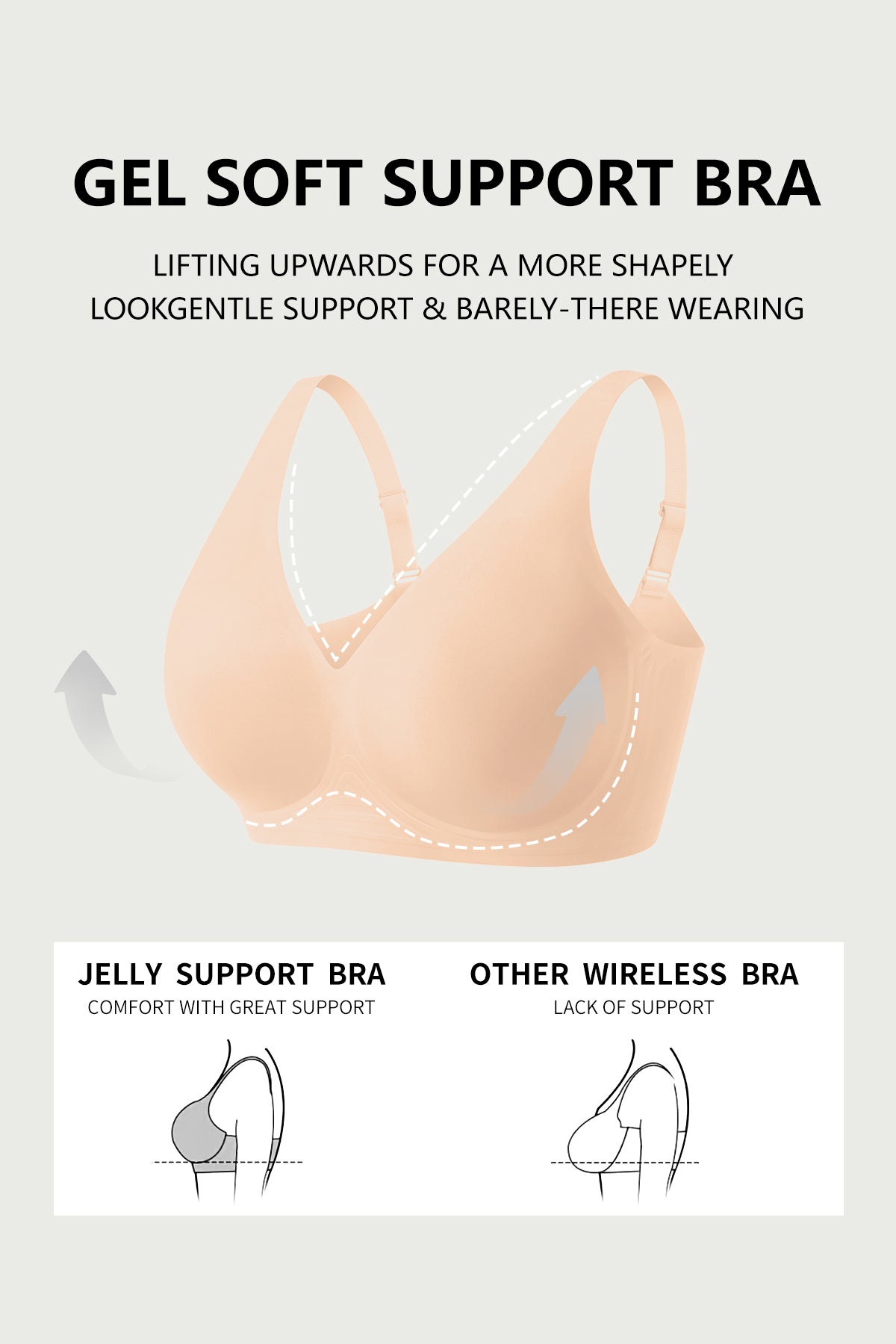 Jelly Bras for Women No Underwire Seamless Push Up Comfortable Tshirt Everyday Deep V Bra with Support and Lift Nude