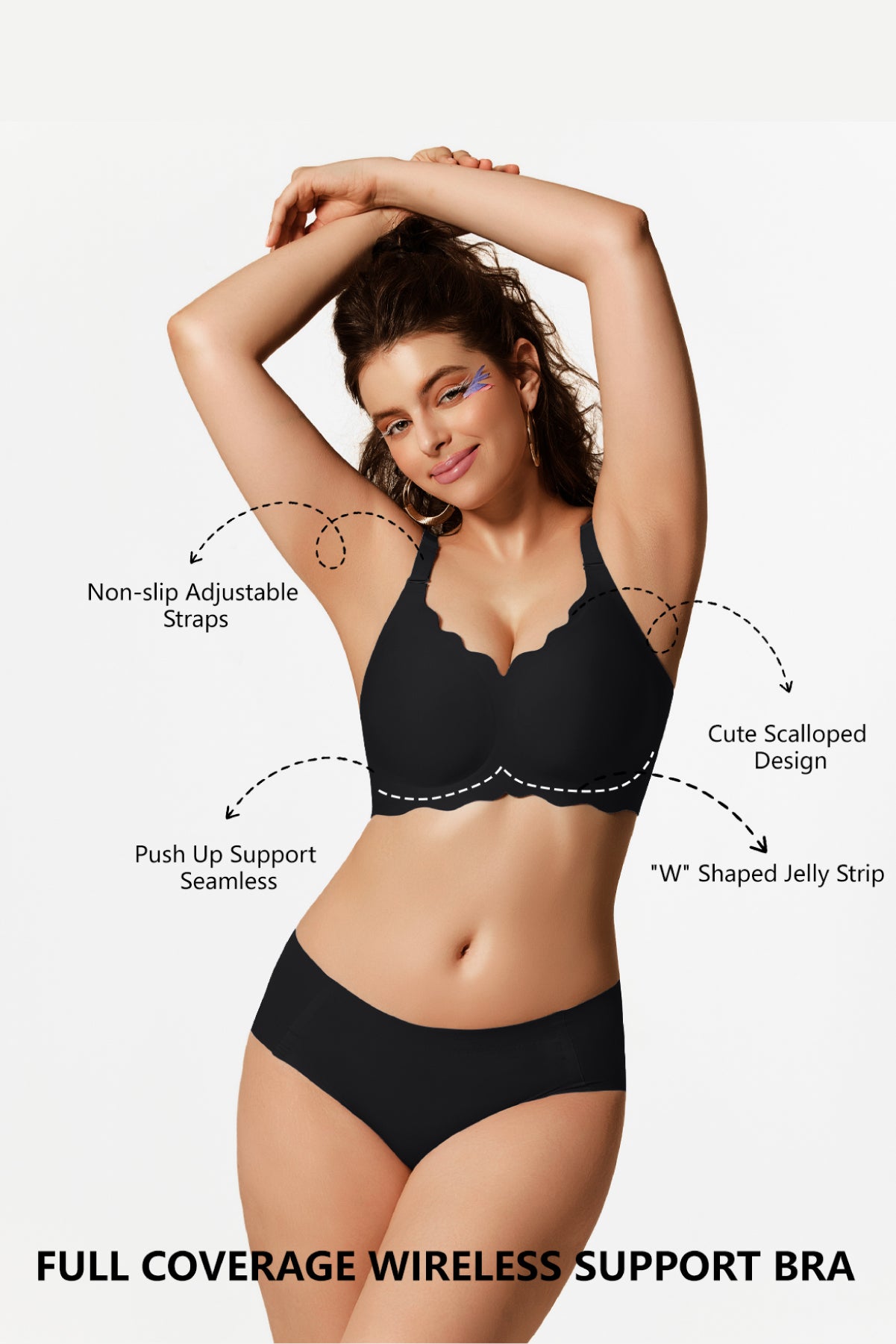 Jelly Bras for Women No Underwire Scalloped Push Up Wireless Bralettes Seamless Soft Comfort Everyday Tshirt Bra Black