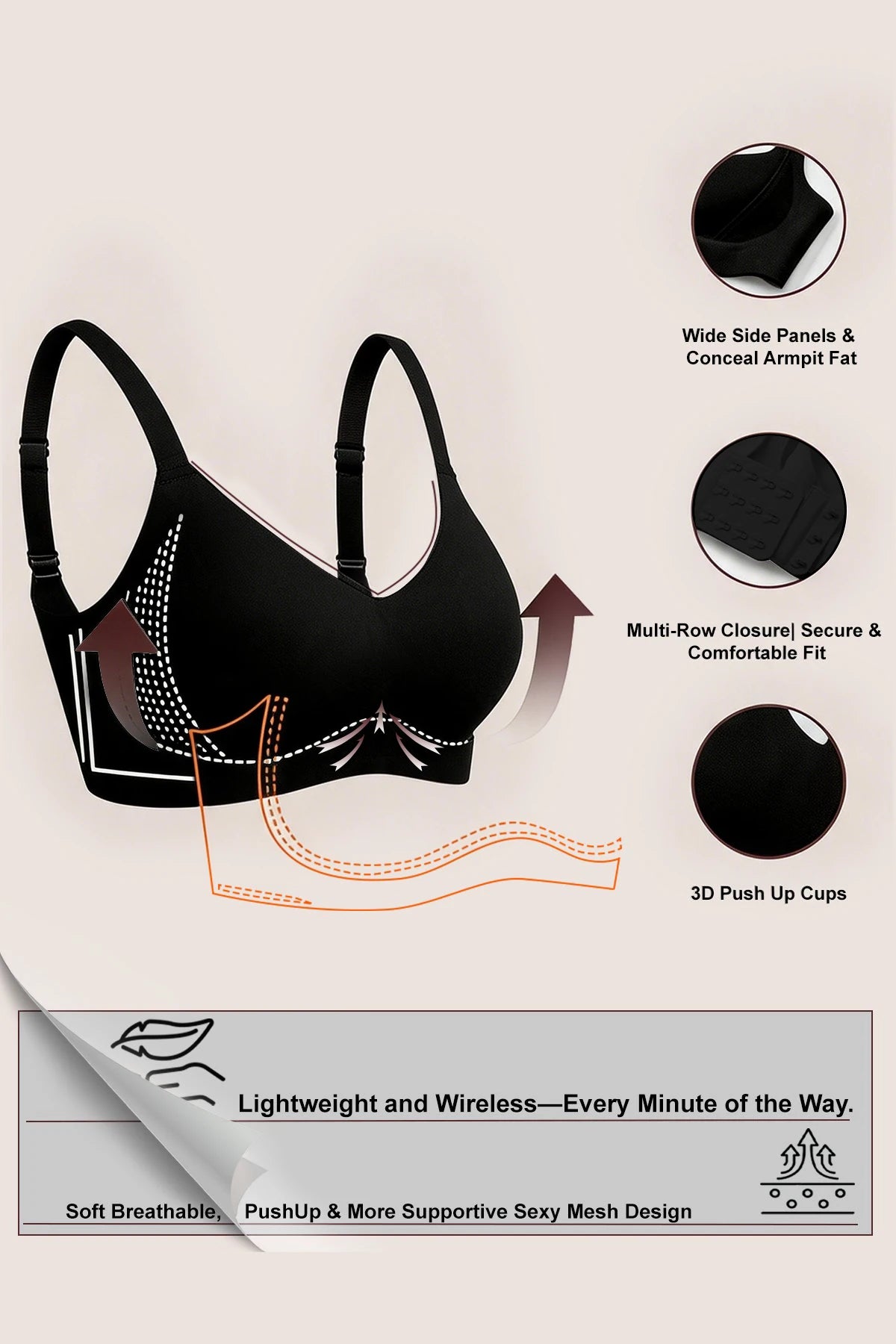 Black wireless bra with wide side panels, molded cups and adjustable straps