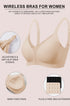 Skin-tone wireless bra with wide adjustable straps, semi-fixed pads, and a deep V front.