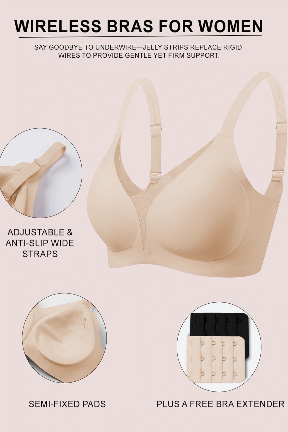 Skin-tone wireless bra with wide adjustable straps, semi-fixed pads, and a deep V front.