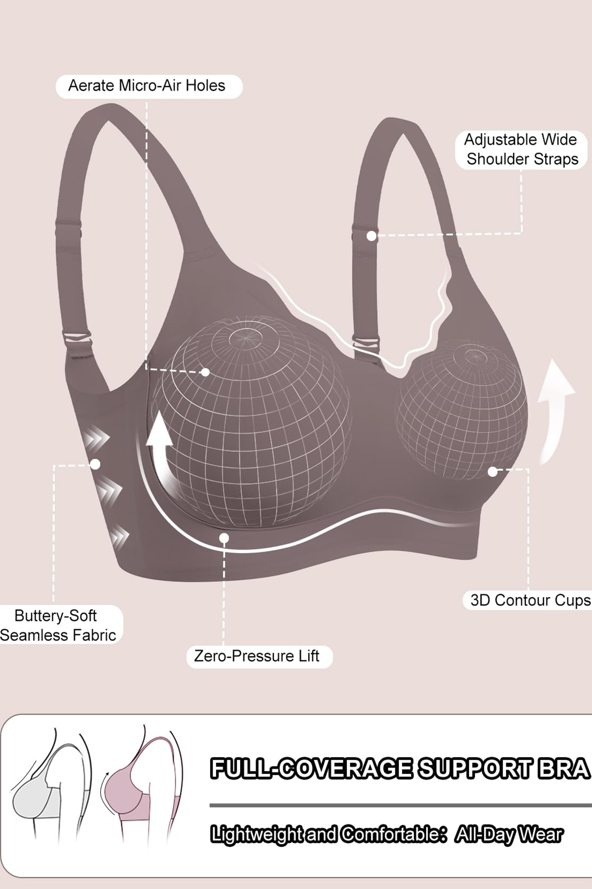 Jelly Bras for Women No Underwire Seamless Push Up Scalloped Tshirt Bralettes Comfortable Wireless Everyday Bra Coffee