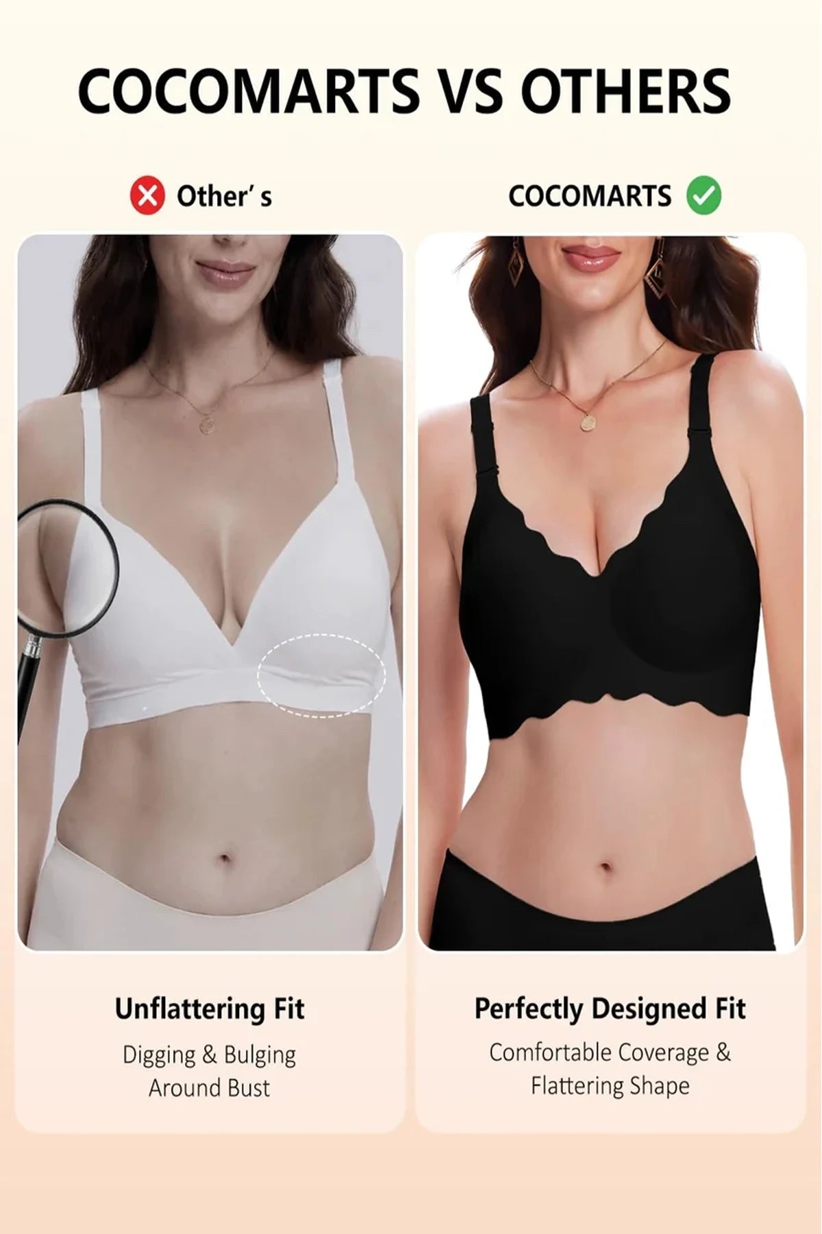 Black wireless bra with scalloped trim and wide adjustable straps