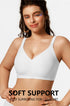 White seamless wireless bra with V-neck and wide straps on model
