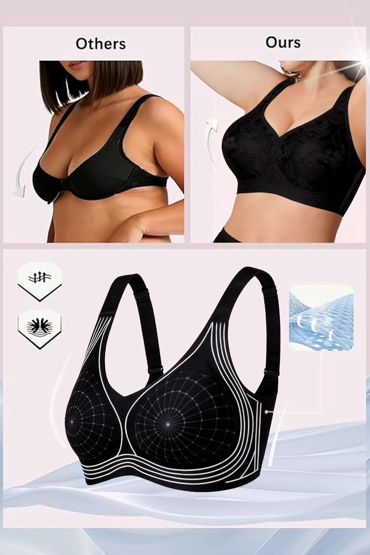 Black bra with wide straps, molded cups and white contour stitching