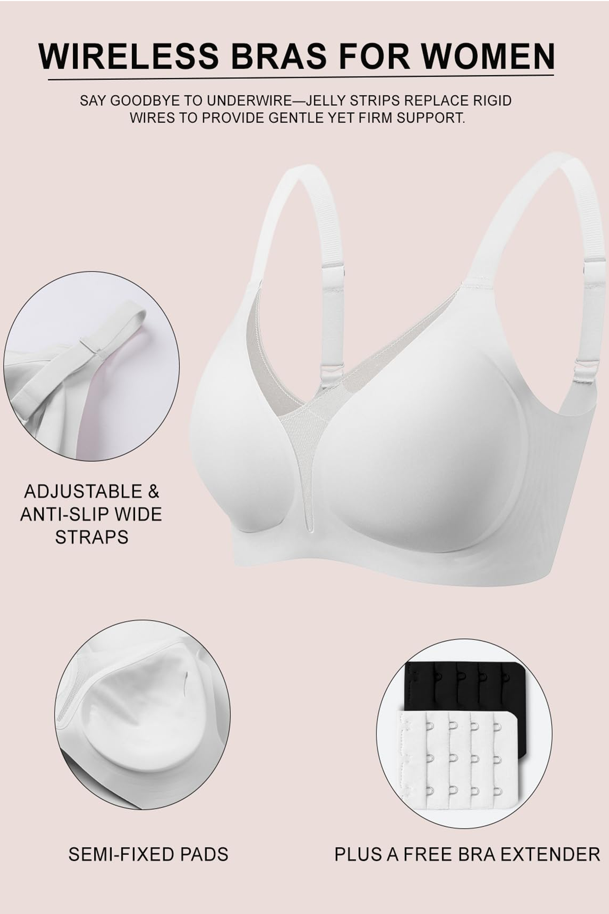 Jelly Bras for Women No Underwire Push Up Deep V Mesh Comfort T Shirt Bralette Wireless Seamless Everyday Bra White