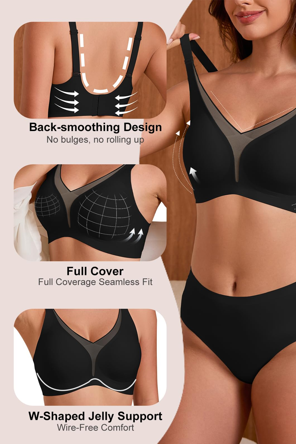 Jelly Bras for Women No Underwire Push Up Deep V Mesh Comfort T Shirt Bralette Wireless Seamless Everyday Bra Black