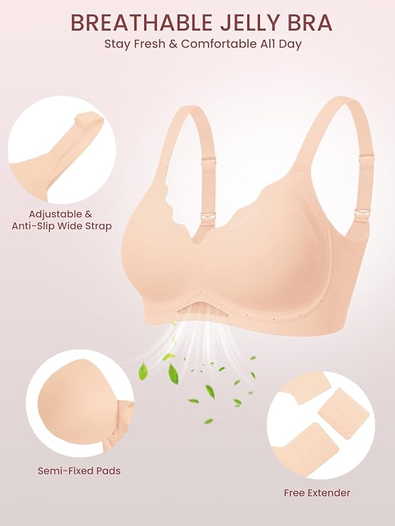 Nude breathable bra with adjustable wide straps, semi-fixed pads, and extender