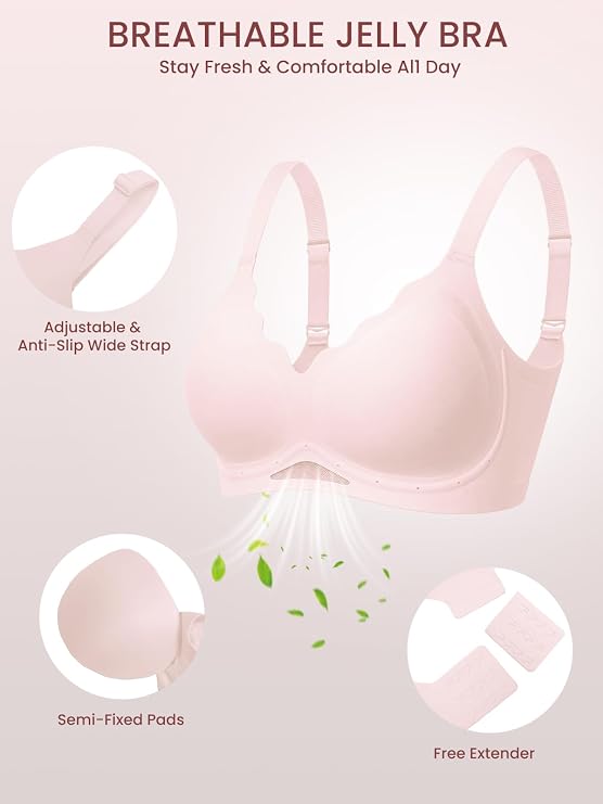 Pink bra with adjustable wide straps, semi-fixed pads, and a hook extender.