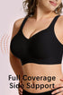 Black full coverage wireless bra with wide straps and side support