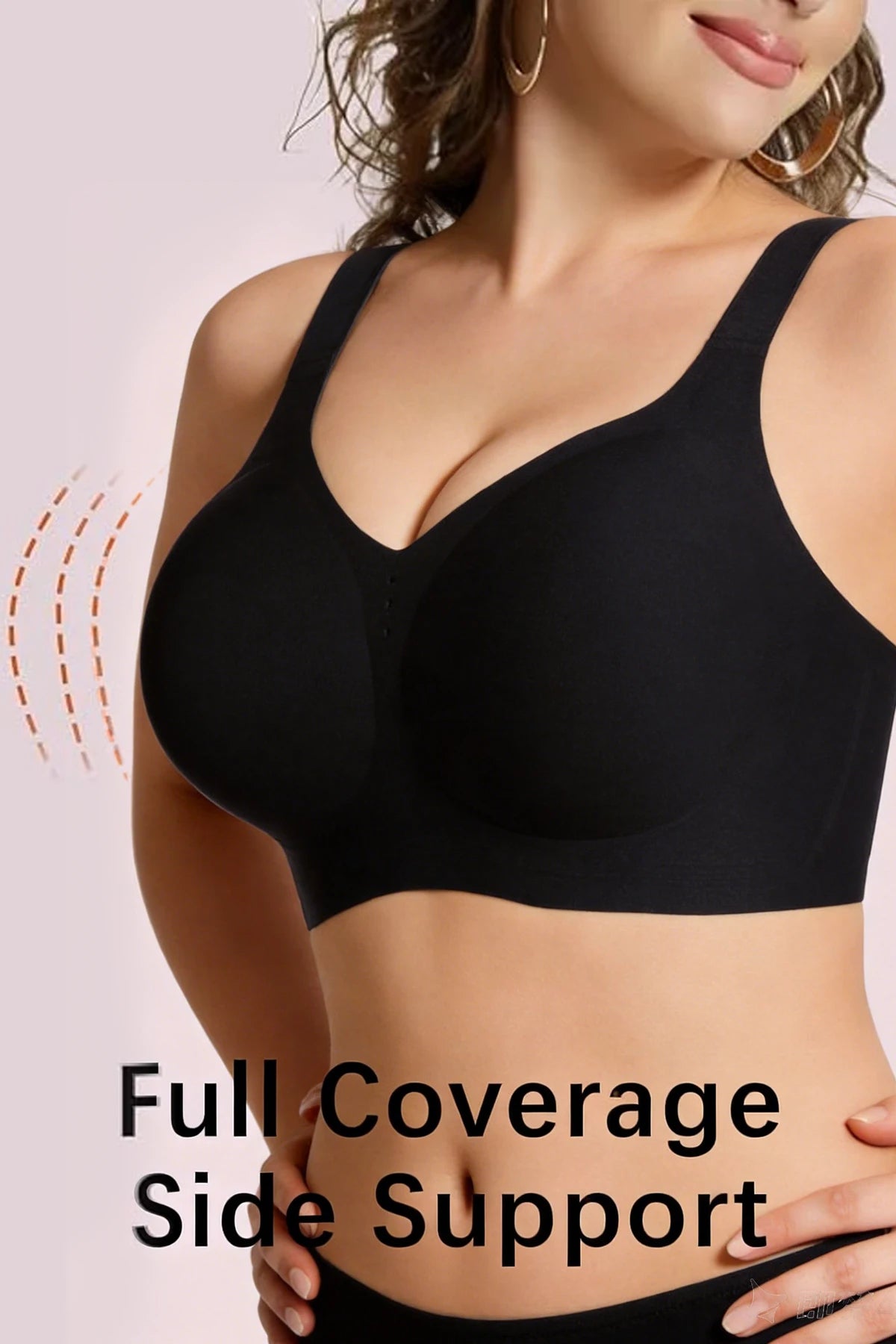 Black full coverage wireless bra with wide straps and side support