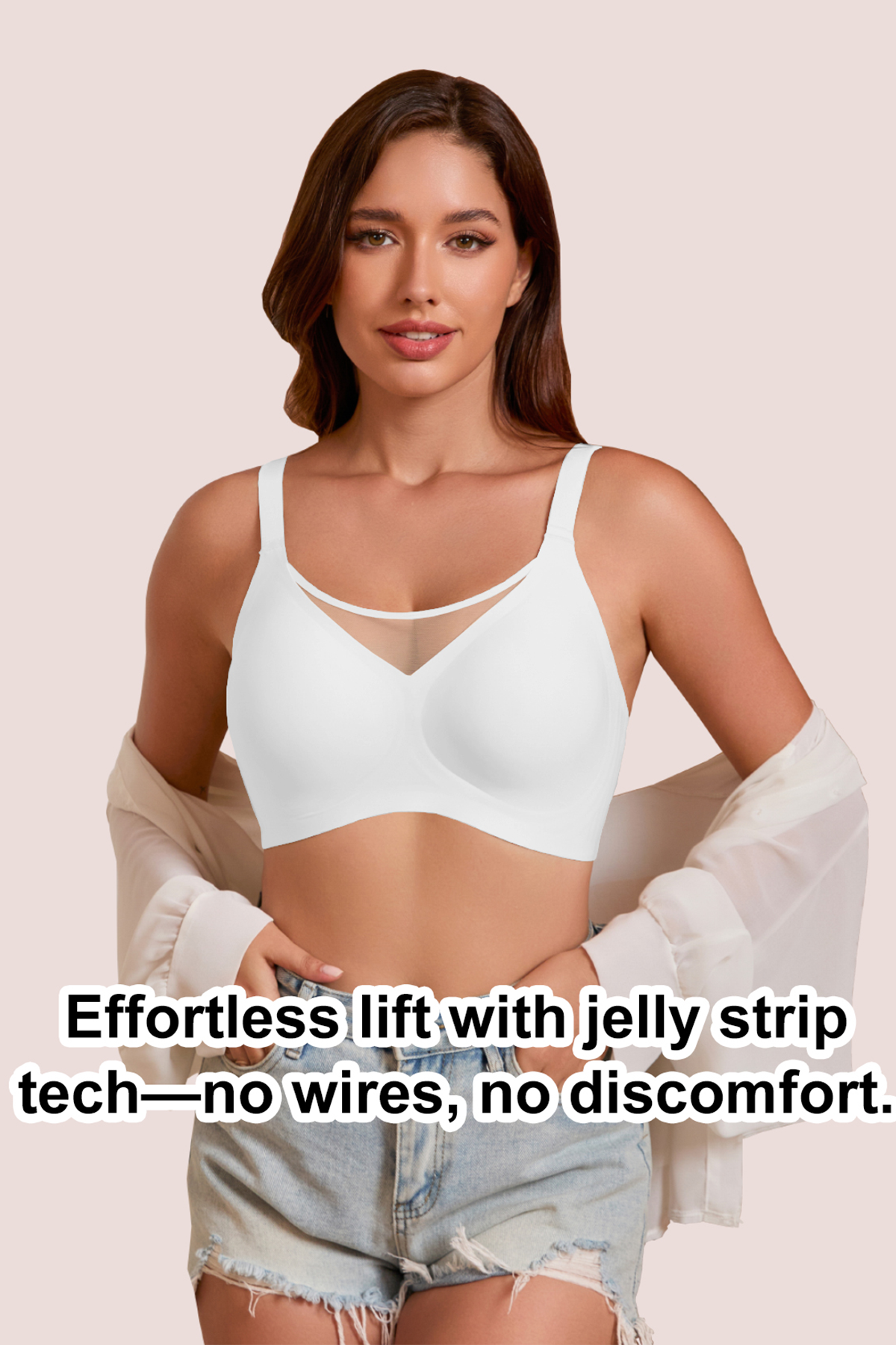 Jelly Bras for Women No Underwire Push Up V Mesh Seamless Comfort Tshirt Bra Supportive Lift Bralette Everyday Bra White