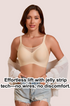 Nude seamless wireless V-neck bra with mesh upper panel and wide shoulder straps