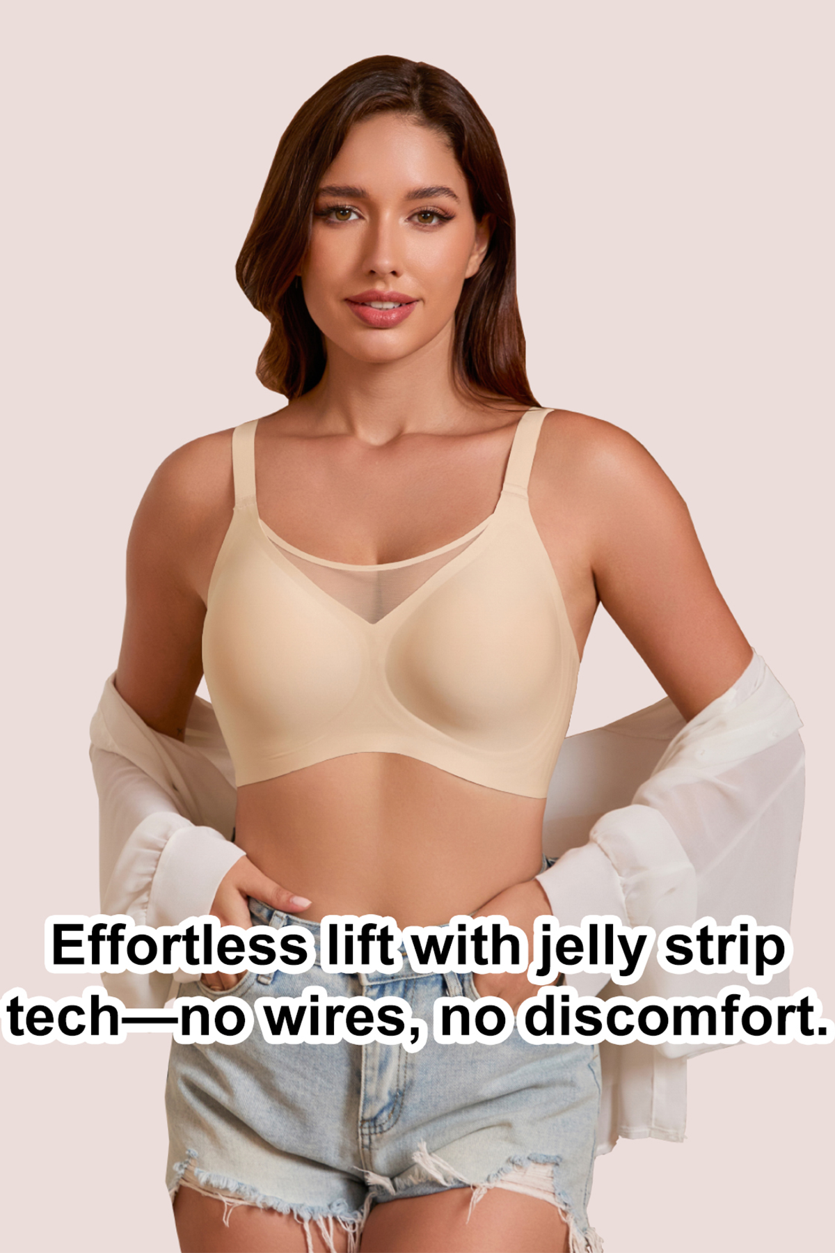 Jelly Bras for Women No Underwire Push Up V Mesh Seamless Comfort Tshirt Bra Supportive Lift Bralette Everyday Bra Nude