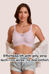 Pink seamless no-underwire bra, front view with relaxed fit