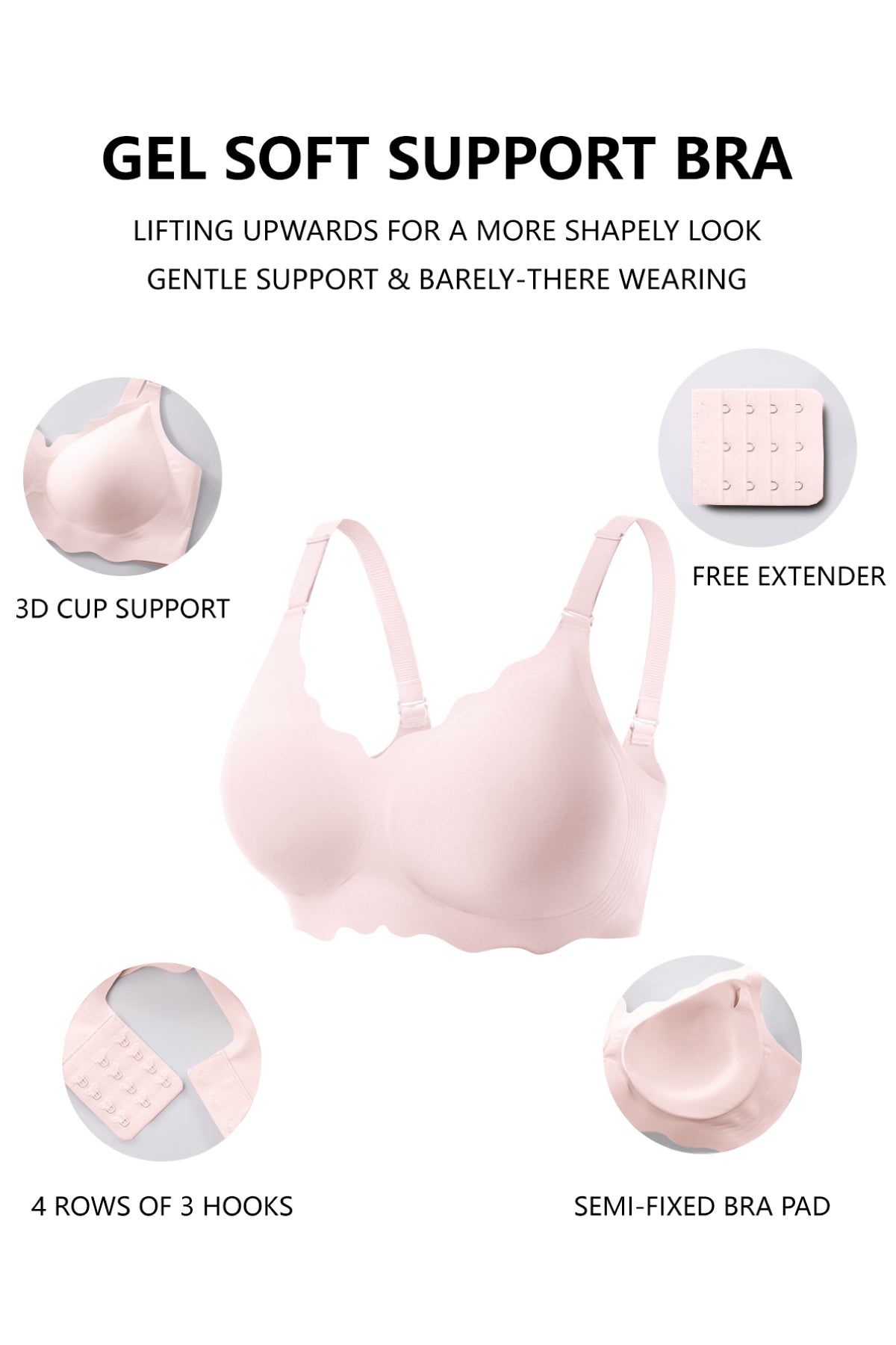 Jelly Bras for Women No Underwire Scalloped Push Up Wireless Bralettes Seamless Soft Comfort Everyday Tshirt Bra Pink