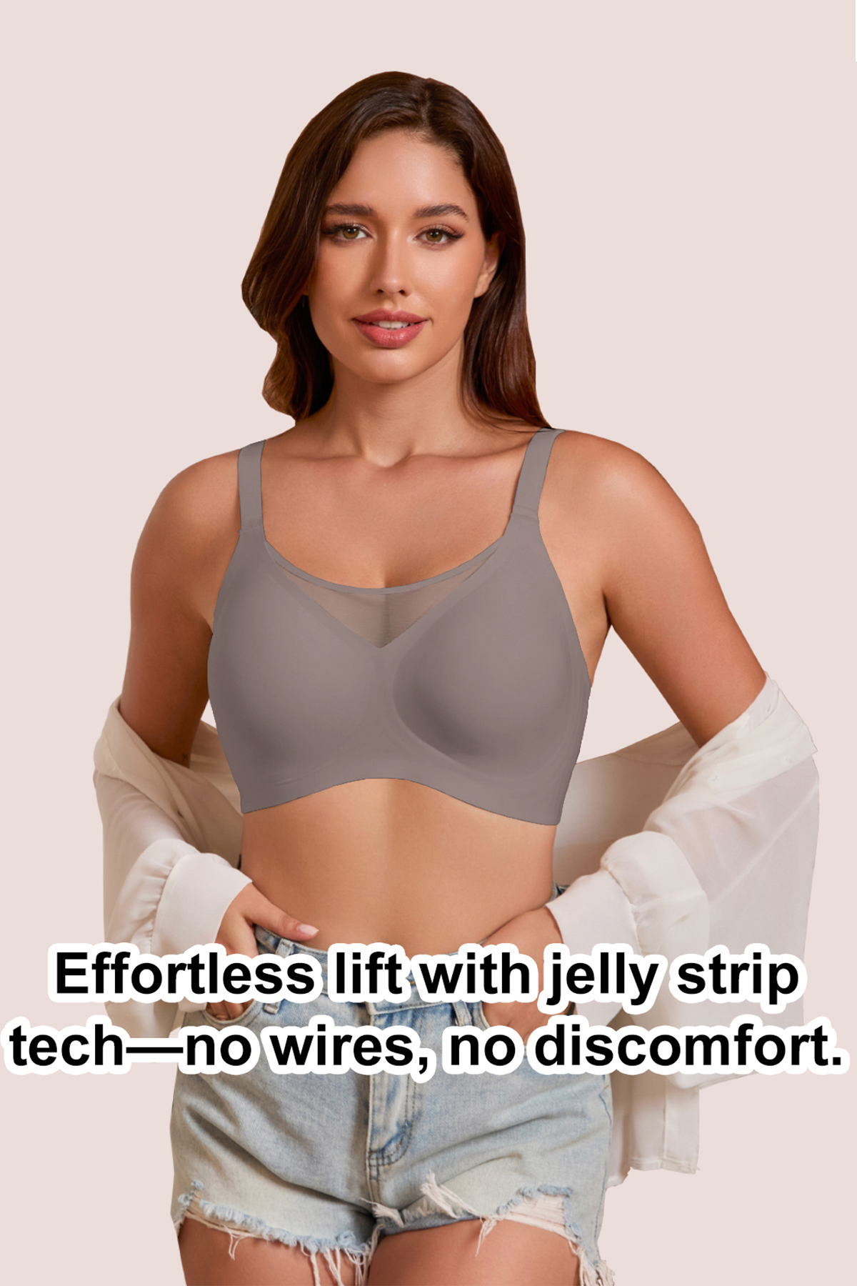 Jelly Bras for Women No Underwire Push Up V Mesh Seamless Comfort Tshirt Bra Supportive Lift Bralette Everyday Bra Coffee