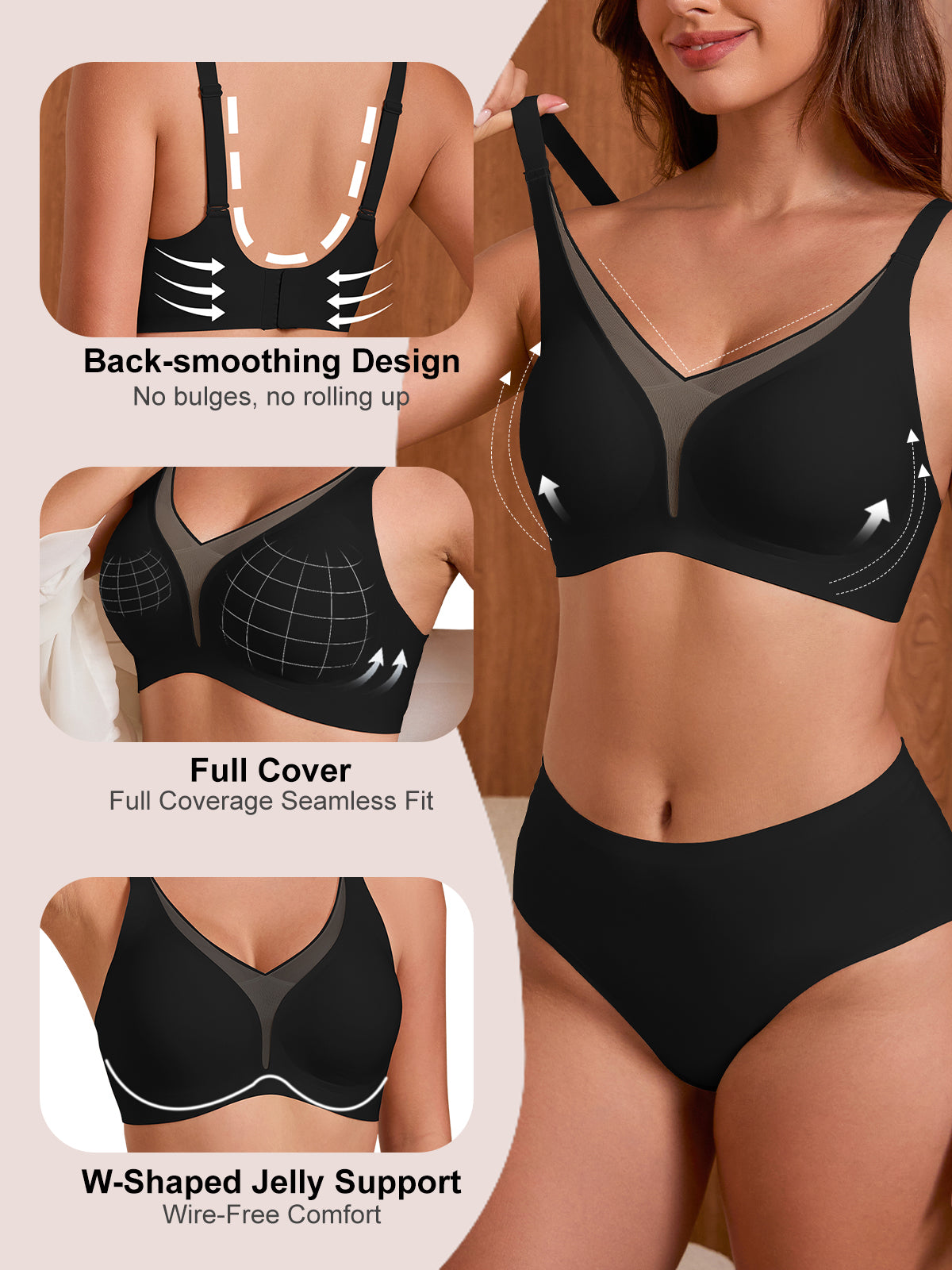 COCOMARTS Jelly Bras for Women No Underwire Push Up Deep V Mesh Comfort T Shirt Bralette Wireless Seamless Everyday Bra Black